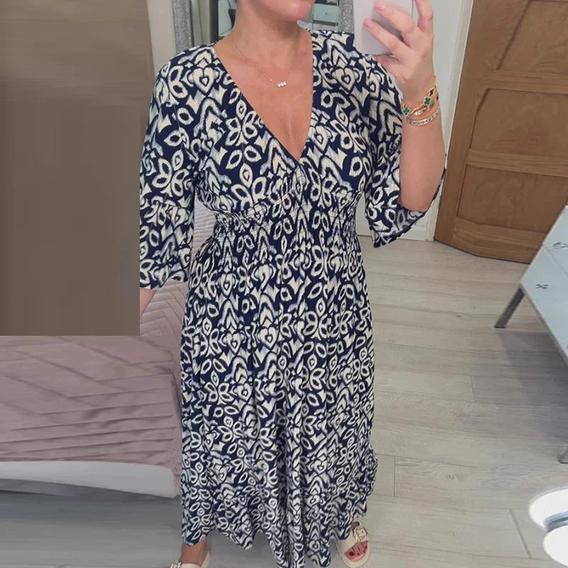 Venu™ | Casual Boho Jurk met V-hals en Driekwart Mouwen